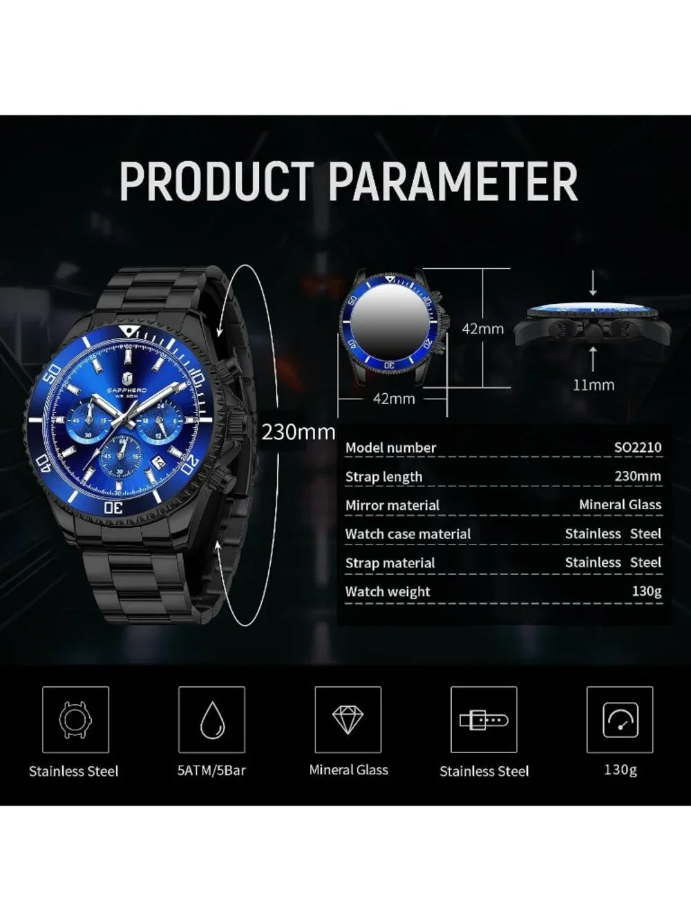 Men's Black Strap Blue Face Quartz Chronograph Stainless Steel Waterproof Watch